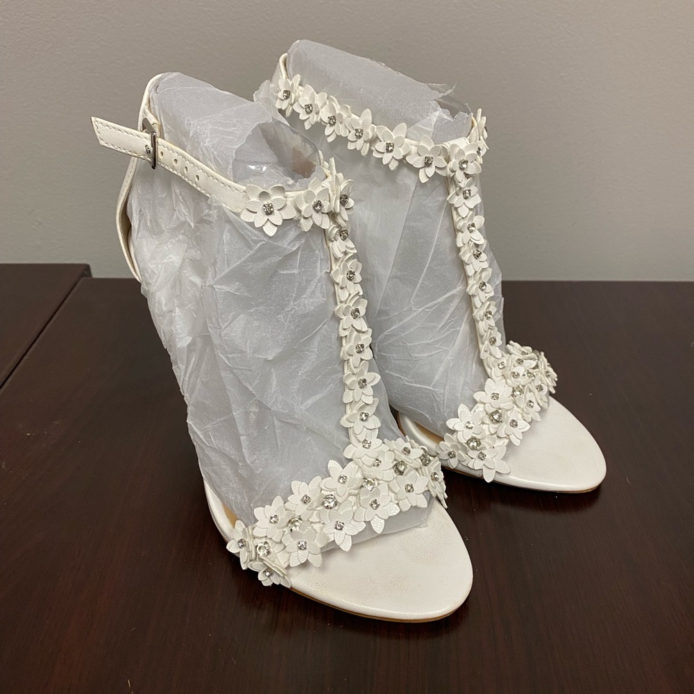 INC Wedding Shoes - White leather flowers embellished with rhinestones